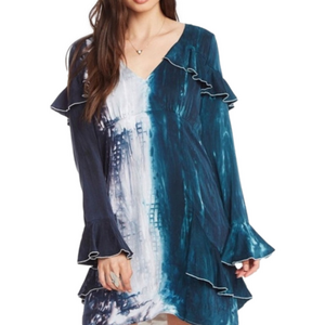 CHASER Women’s Long Sleeve Ruffle Neck black teal ombré Pie Tie Dye Mini Dress